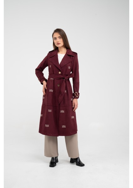 Süet Dokulu Kuşaklı Uzun Kadın Trençkot 8088