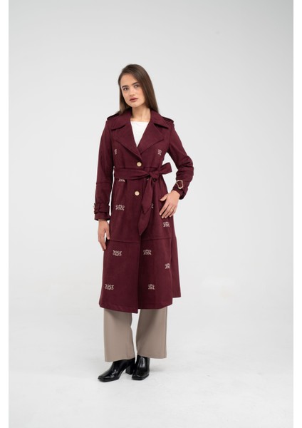 Süet Dokulu Kuşaklı Uzun Kadın Trençkot 8088 fiyatları