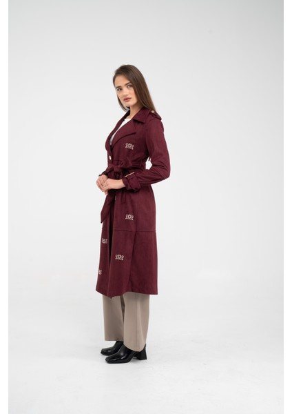 Süet Dokulu Kuşaklı Uzun Kadın Trençkot 8088 modelleri