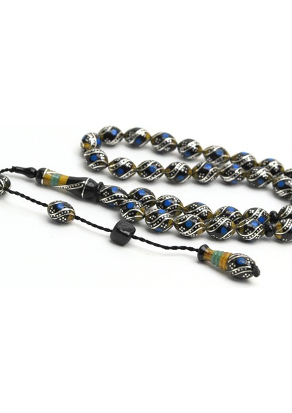 Oltu Taşı ve Sarı Galalith Çift Çeşmi Bülbül Işlemeli Tespih