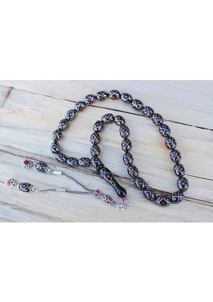 Oltu Taşı Beyzi Fiyonk Kırmızı İşlemeli Tespih