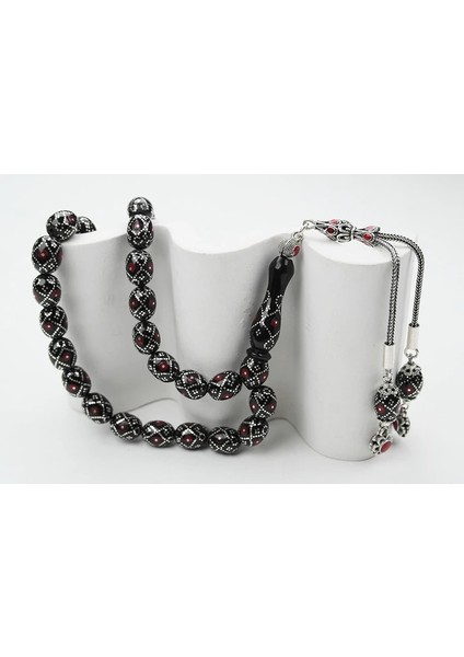 Oltu Taşı Beyzi Fiyonk Kırmızı İşlemeli Tespih