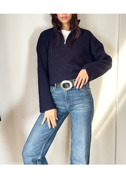 Kadın Lacivert Dik Yaka Fermuarlı Triko Crop Kazak