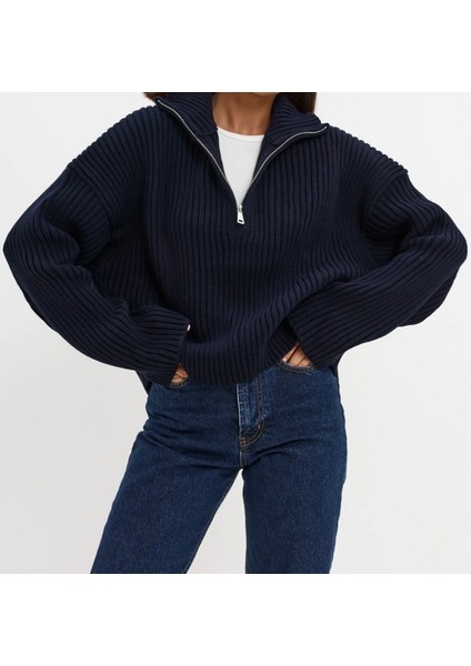 Kadın Lacivert Dik Yaka Fermuarlı Triko Crop Kazak fiyatları