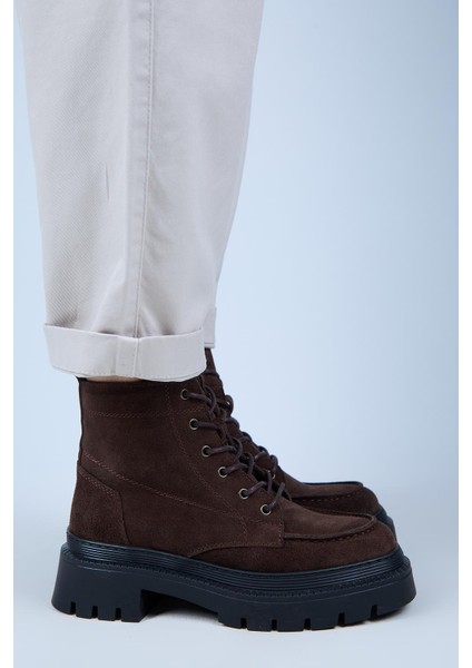 Ayra Kadın Hakiki Deri Bağcıklı Burnu Köşeli Kahve Bot