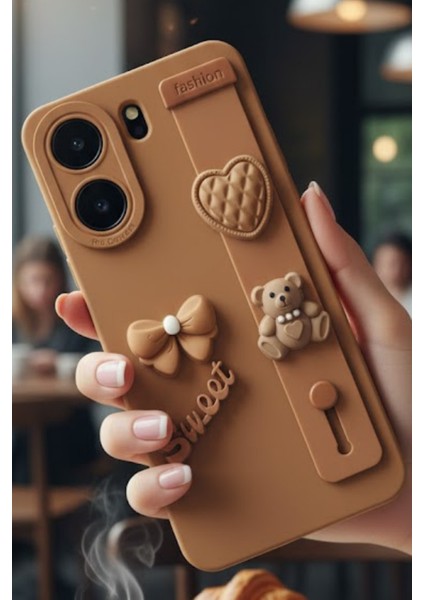 Redmi 13C Uyumlu Kılıf Kahverengi Renk 3D Figürlü Darbe Emici Yumuşak Silikon Kapak modelleri