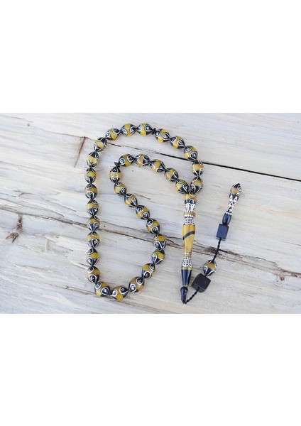 Oltu Taşı ve Galalith Beyzi Kesim Damla İşlemeli Tespih