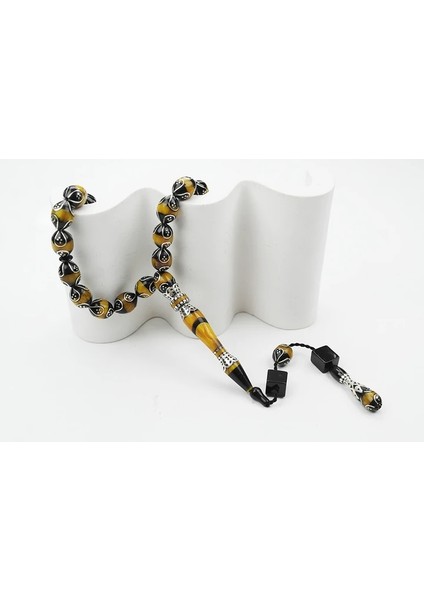 Oltu Taşı ve Galalith Beyzi Kesim Damla İşlemeli Tespih