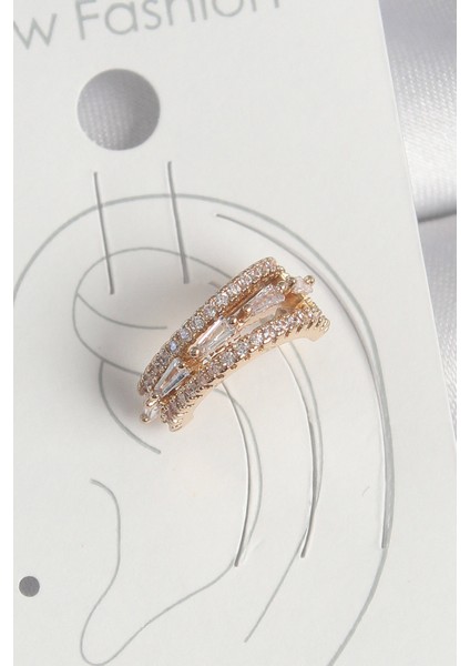 Pirinç Gold Renk Zirkon Taşlı 3'Lü Sıralı Model Kadın Kıkırdak Küpe