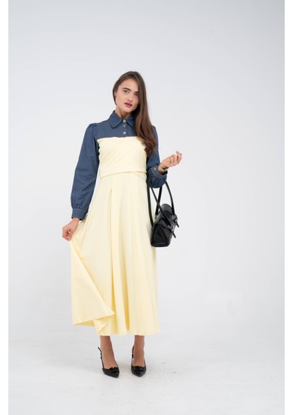 Denim Detaylı Uzun Elbise K1721