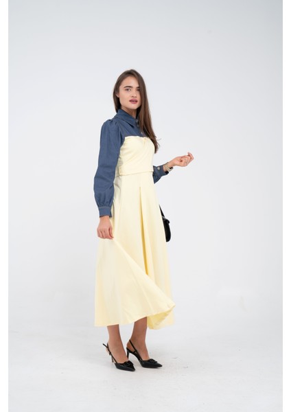 Denim Detaylı Uzun Elbise K1721 fiyatları