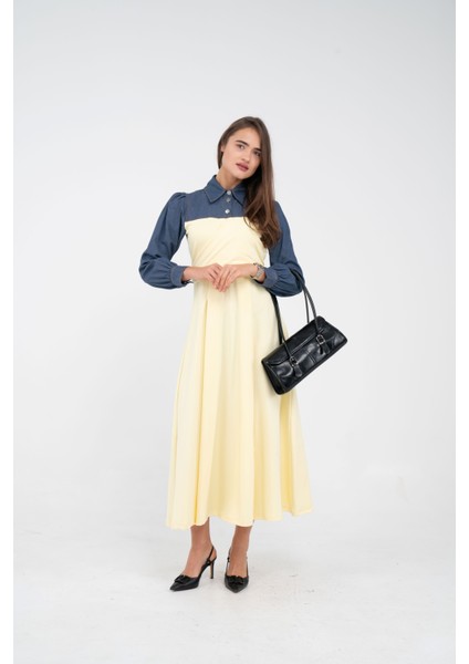 Denim Detaylı Uzun Elbise K1721 indirimleri