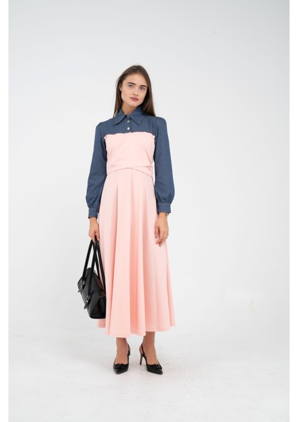 Denim Detaylı Uzun Elbise K1721
