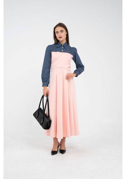 Denim Detaylı Uzun Elbise K1721 modelleri