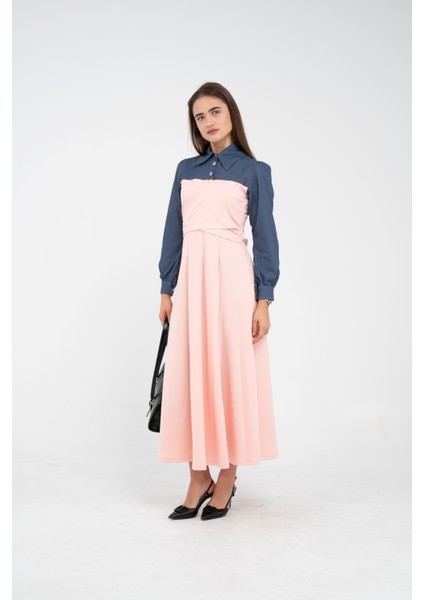 Denim Detaylı Uzun Elbise K1721 indirimleri