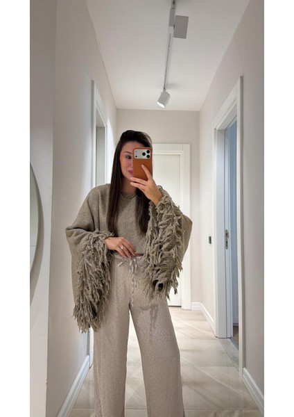 Kadın Püsküllü Triko Kazak Vizon