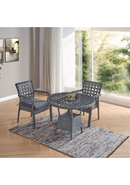 Ayaz 2 Kişilik Rattan Bahçe Balkon Mutfak Masa Takımı Gri