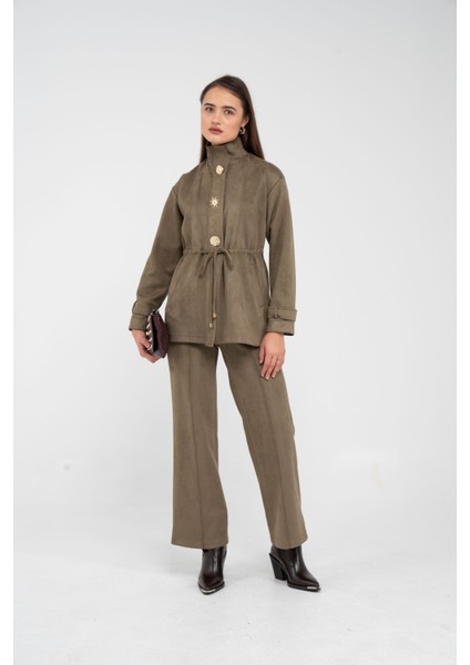 Süet Dokulu Altın Düğmeli Kuşaklı Kadın Takım 1757