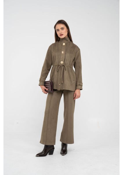 Süet Dokulu Altın Düğmeli Kuşaklı Kadın Takım 1757 fiyatları