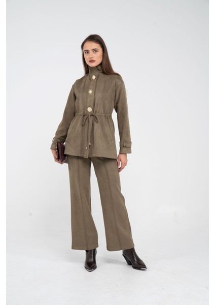 Süet Dokulu Altın Düğmeli Kuşaklı Kadın Takım 1757 indirimleri