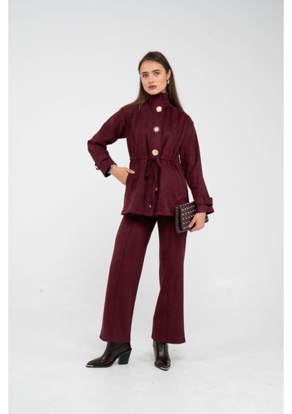 Süet Dokulu Altın Düğmeli Kuşaklı Kadın Takım 1757