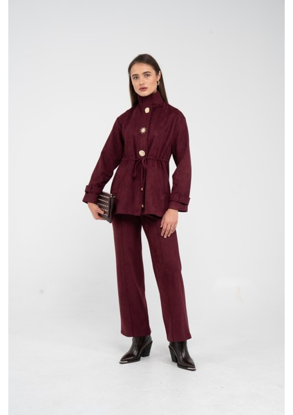 Süet Dokulu Altın Düğmeli Kuşaklı Kadın Takım 1757 fiyatları