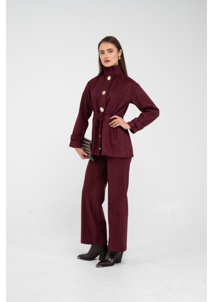 Süet Dokulu Altın Düğmeli Kuşaklı Kadın Takım 1757 modelleri