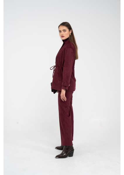 Süet Dokulu Altın Düğmeli Kuşaklı Kadın Takım 1757 fırsatları