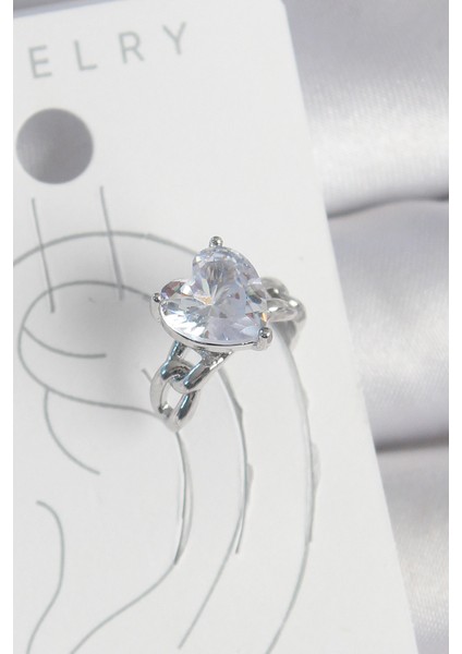 Pirinç Gümüş Renk Zirkon Taşlı Kalp Model Kadın Kıkırdak Küpe