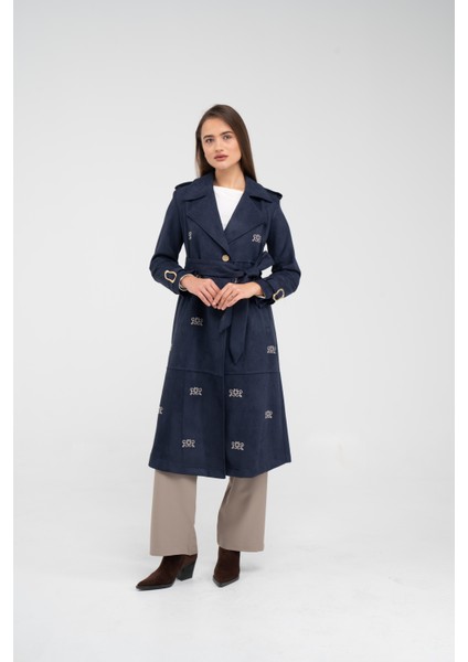 Süet Dokulu Kuşaklı Uzun Kadın Trençkot 8088