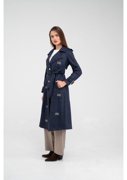 Süet Dokulu Kuşaklı Uzun Kadın Trençkot 8088 modelleri