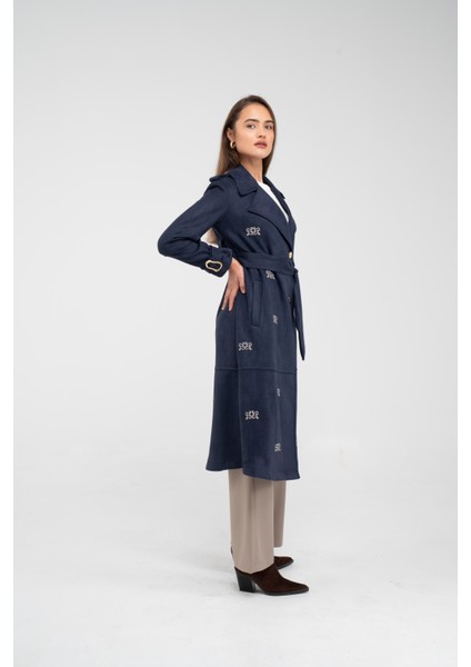 Süet Dokulu Kuşaklı Uzun Kadın Trençkot 8088 fırsatları