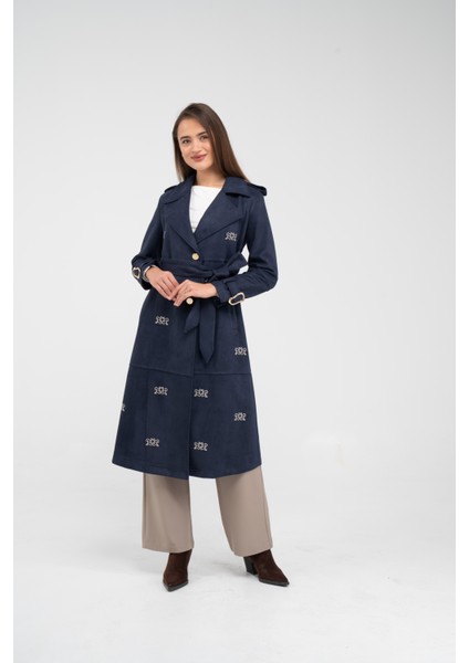 Süet Dokulu Kuşaklı Uzun Kadın Trençkot 8088 indirimleri