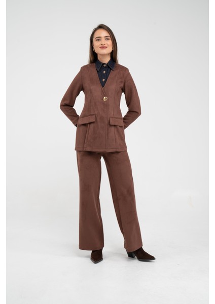 Süet Dokulu Tek Düğmeli Modern Kadın Takım 8098