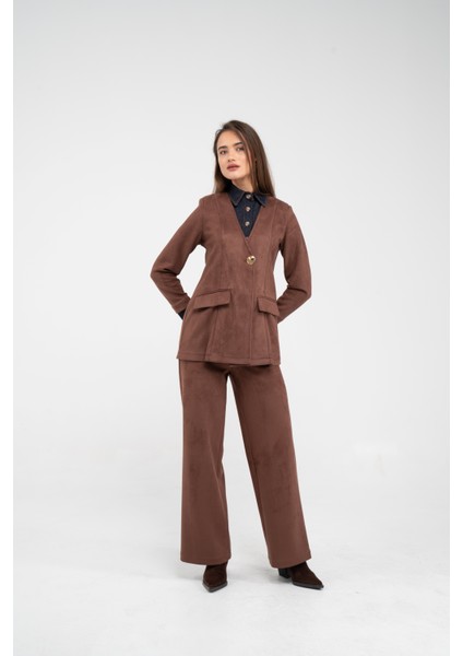 Süet Dokulu Tek Düğmeli Modern Kadın Takım 8098 fiyatları