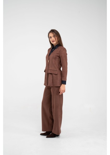 Süet Dokulu Tek Düğmeli Modern Kadın Takım 8098 modelleri