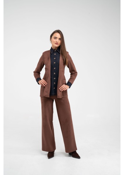 Süet Dokulu Tek Düğmeli Modern Kadın Takım 8098 fırsatları