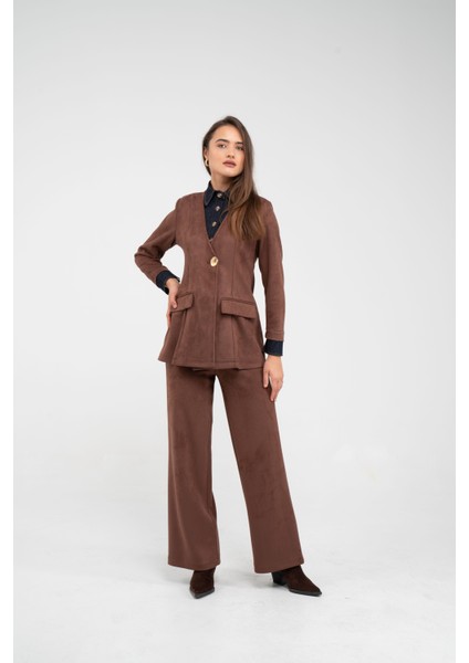 Süet Dokulu Tek Düğmeli Modern Kadın Takım 8098 indirimleri