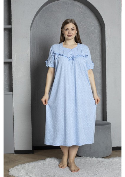 %100 Pamuklu Penye Kısa Kollu Büyük Beden Anne Geceliği 136