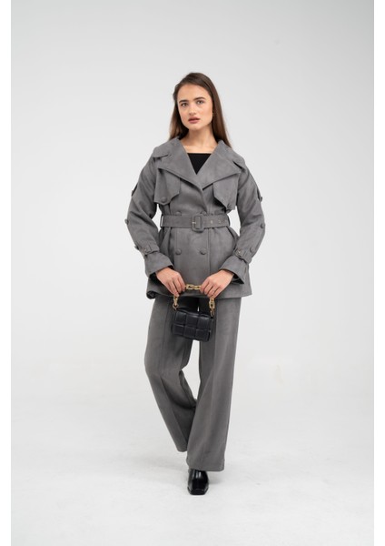 Kuşaklı Çift Düğmeli Süet Dokulu Kadın Takım 1761