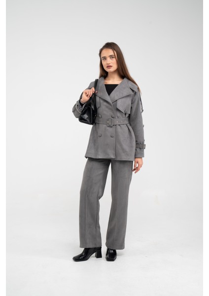 Kuşaklı Çift Düğmeli Süet Dokulu Kadın Takım 1761 fiyatları