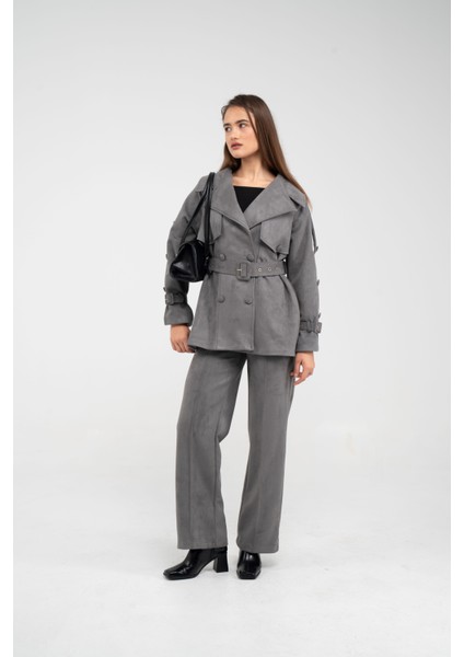 Kuşaklı Çift Düğmeli Süet Dokulu Kadın Takım 1761 modelleri