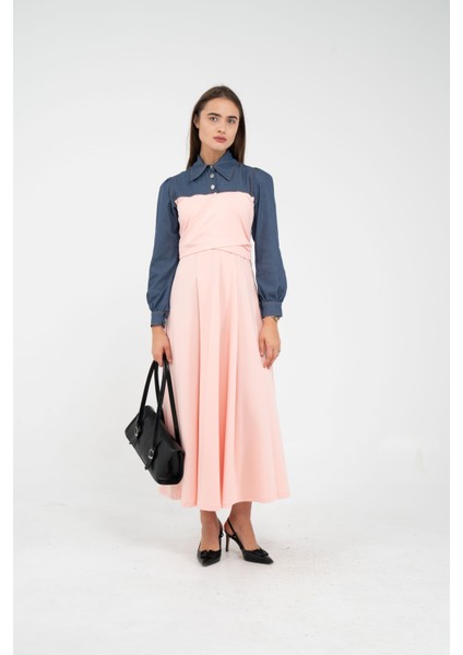 Denim Detaylı Uzun Elbise K1721 fiyatları