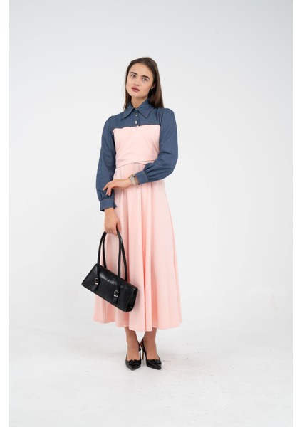 Denim Detaylı Uzun Elbise K1721 fırsatları