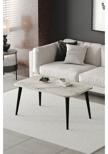 Orta Sehpa Metal Ayaklı , Roma Orta Sehpa , Siyah Metal - Beyaz Mermer Tabla