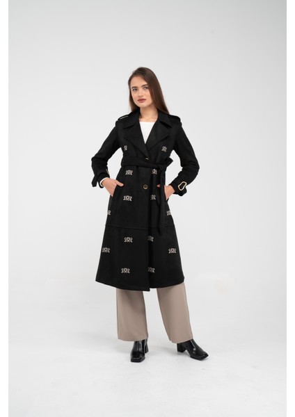 Süet Dokulu Kuşaklı Uzun Kadın Trençkot 8088