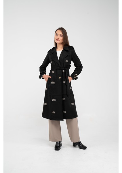 Süet Dokulu Kuşaklı Uzun Kadın Trençkot 8088 fiyatları