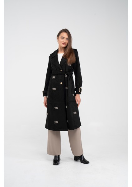 Süet Dokulu Kuşaklı Uzun Kadın Trençkot 8088 indirimleri