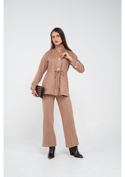 Süet Dokulu Altın Düğmeli Kuşaklı Kadın Takım 1757