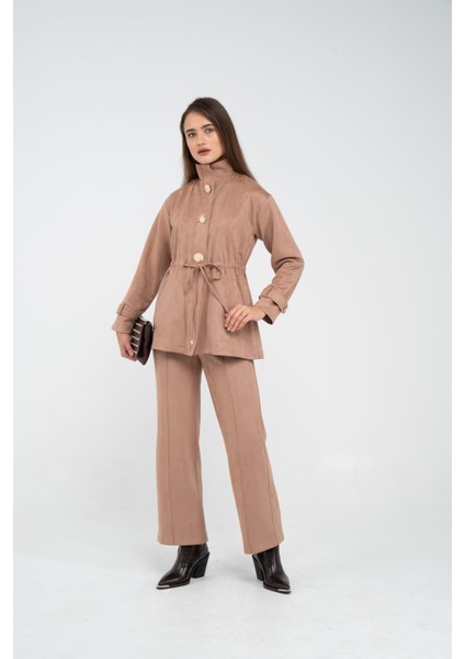 Süet Dokulu Altın Düğmeli Kuşaklı Kadın Takım 1757 modelleri
